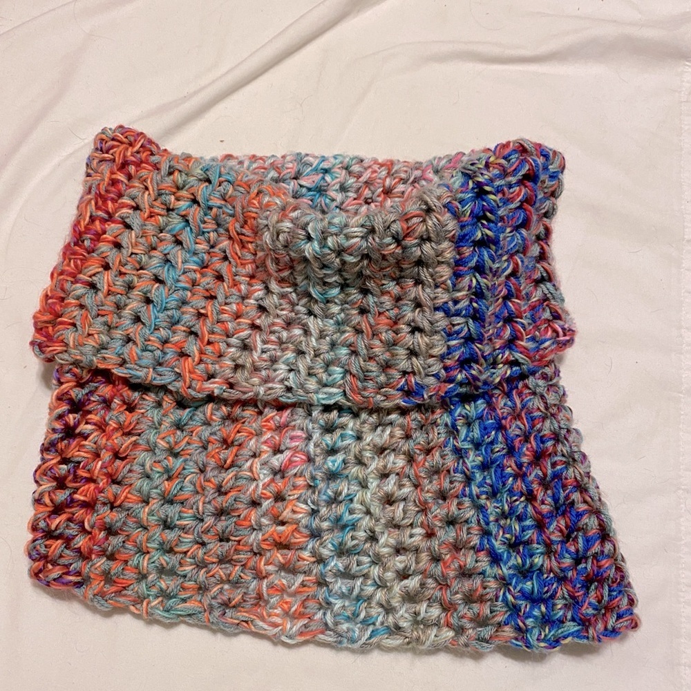 Multicolored, super chunky and soft crocheted cowl
